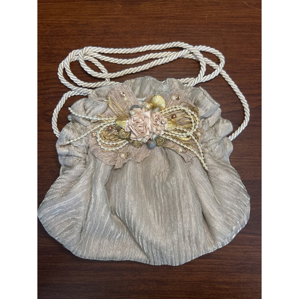 Vintage Letty‎ Like New Evening Pleated Floral Pearl Pouch Crossbody